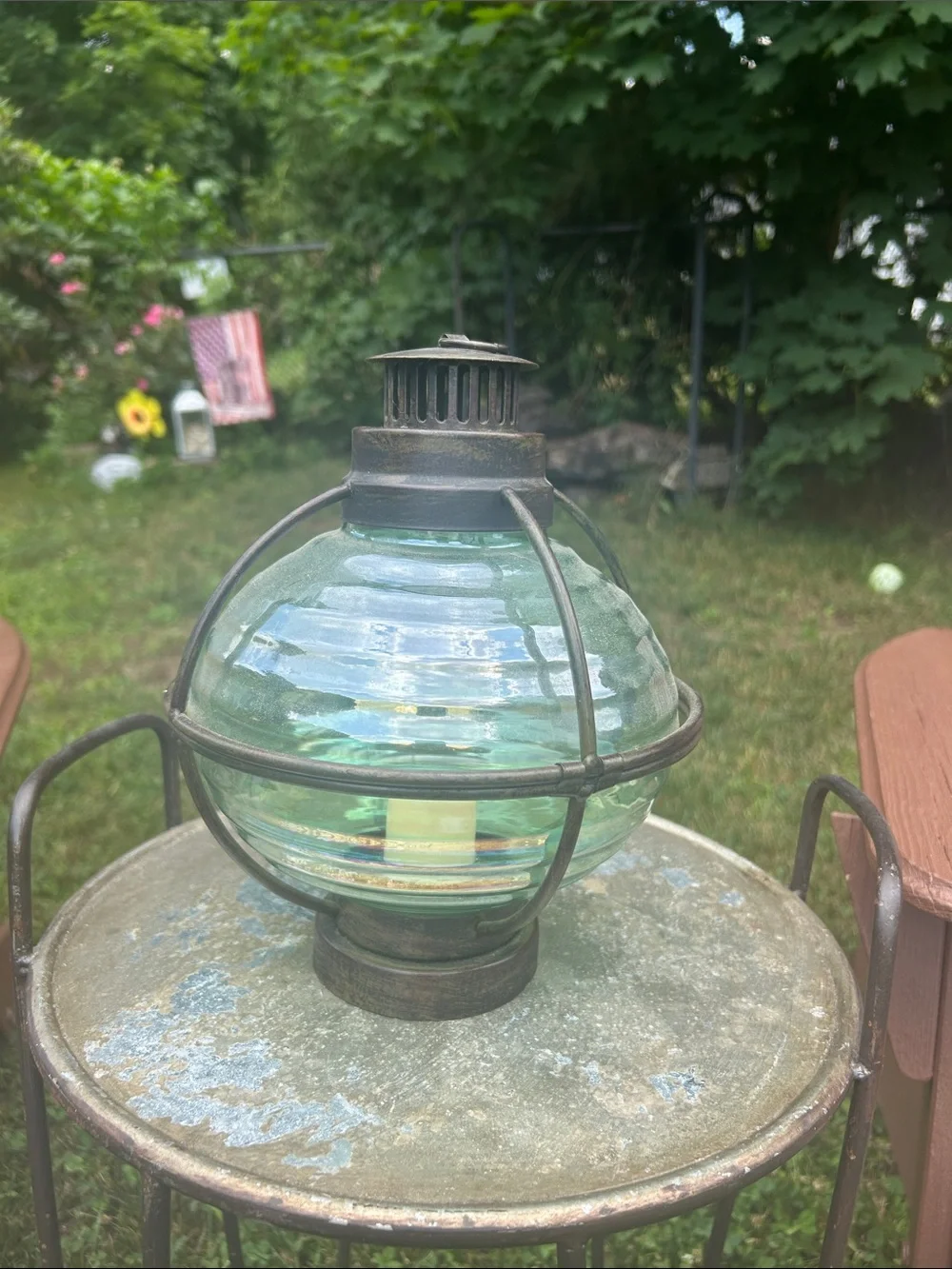 Vintage Aqua Glass Globe Lantern with Metal Cage